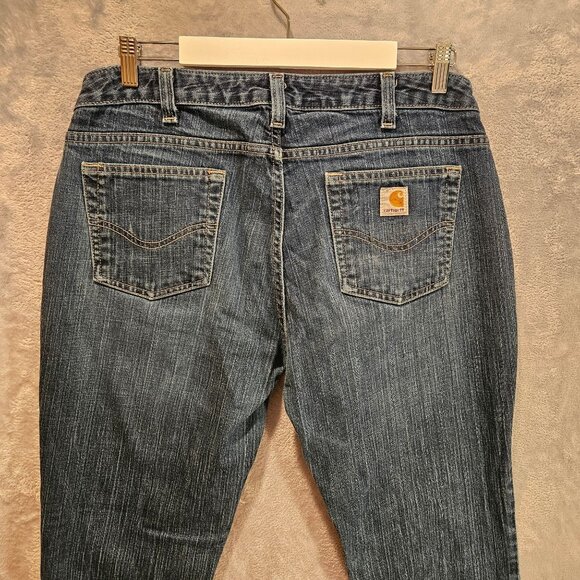 Carhartt curvy fit jeans Womens 12 denim Boot Cut Dark Wash Logo Mom casual work - Picture 3 of 12